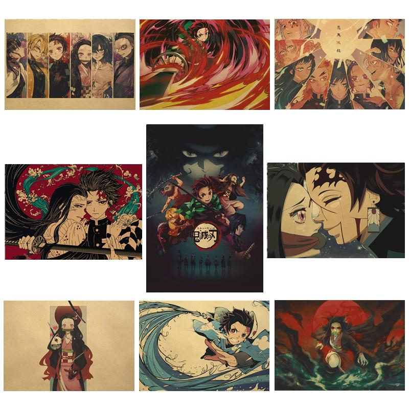 Постеры и истребитель демонов из аниме «Kimetsu No Aiba», ретро-декоративные обои, постеры, коллекционные постеры, наклейки на стены